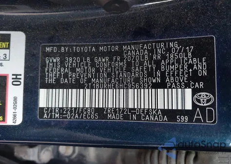 2017 Toyota Corolla Se from USA, damaged, VIN 2T1BURHE6HC956392